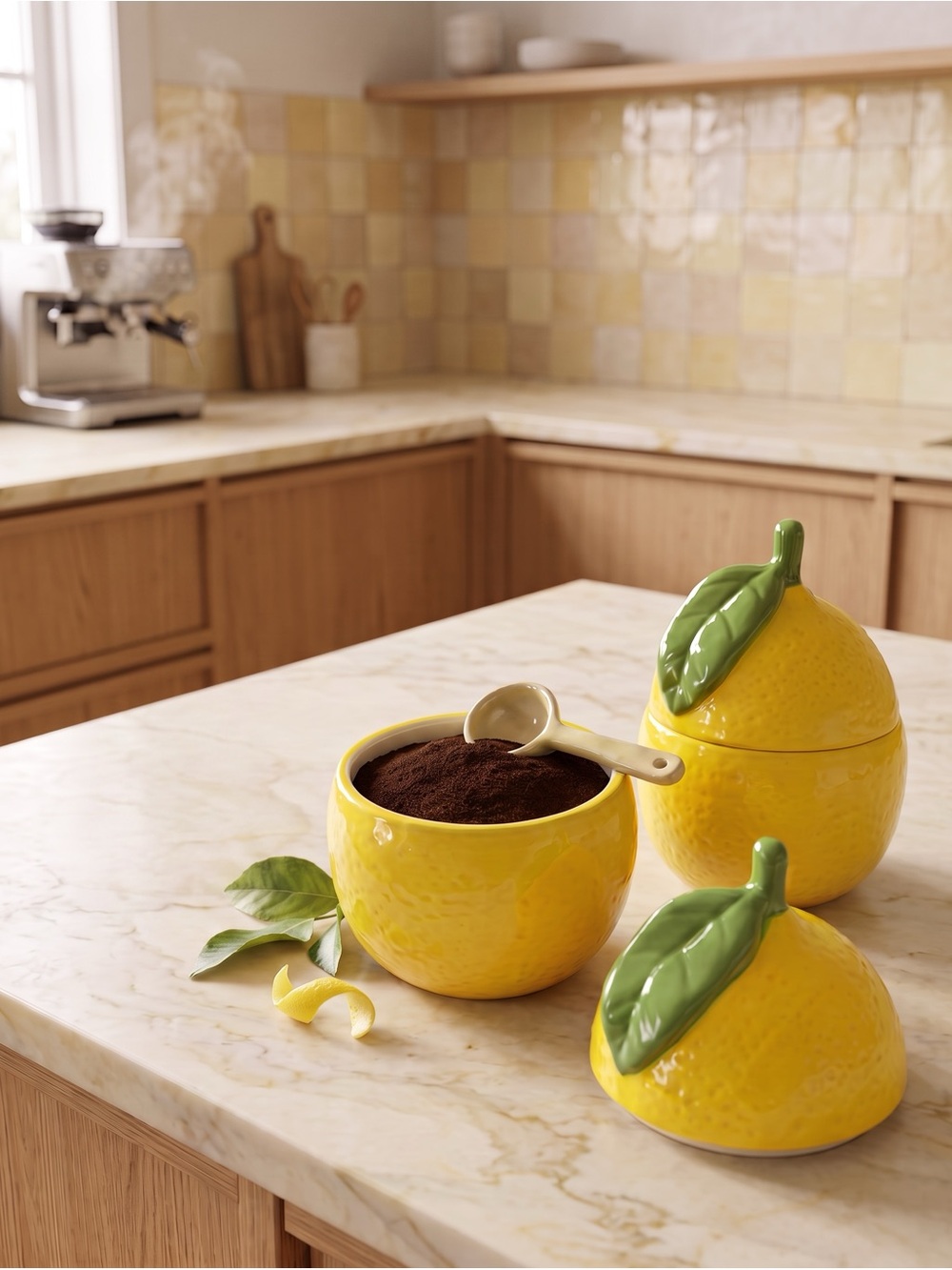 Ceramic Lemon Cansiter Set in Yellow with Green Leaf Tops